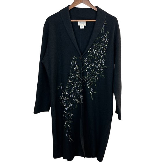 Field Manor Duster Cardigan Sweater M Black Embroidered Boiled 100% Wool Floral - Picture 1 of 10